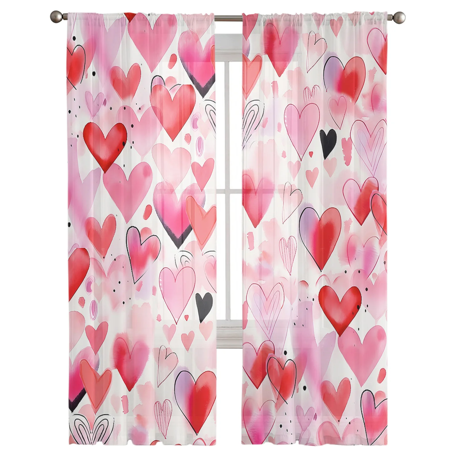 Valentine'S Day Watercolor Love Hand Drawn Tulle Sheer Curtains for Living Room Home Decor Window Curtains Bedroom Voile Drapes