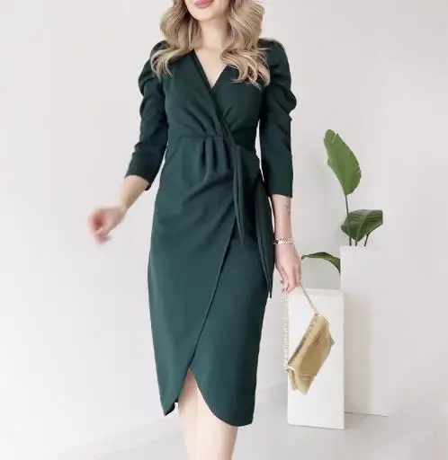 

Elegant Dresses for Women Daily Commuting Dress Cross V-Neck Pleated Waist Tie Slim Fit Lace Up Waist Cinching Slit Dress Skirt