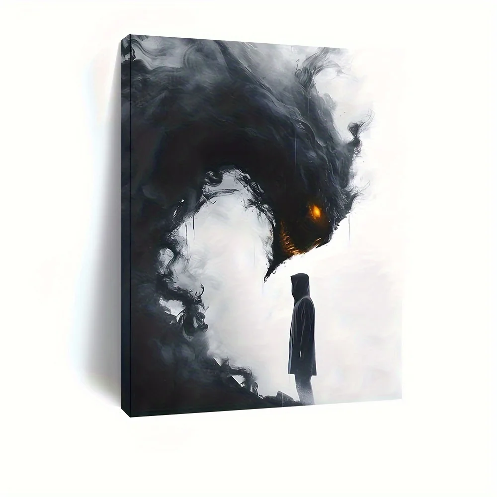 [2D Flat] 1pc Halloween Demon Realm Canvas Painting with Wooden Frame - Spooky Battle Scene, Mystical Artwork for Home & Vehicle