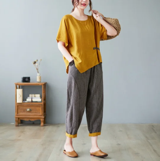 Summer Autumn Cotton 2pcs/set Women Loose T-shirt+Ankle-length Haren Pants 2023 Summer Vintage StyleTop+ Pant Suits