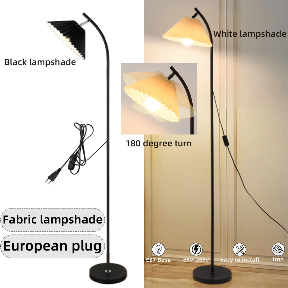 

Торшер 61-дюймовый, столб из кованого железа, абажур из черно-белой плиссированной ткани, шарнирный шарнир на абажуре, кнопочный переключатель, вилка европейского стандарта