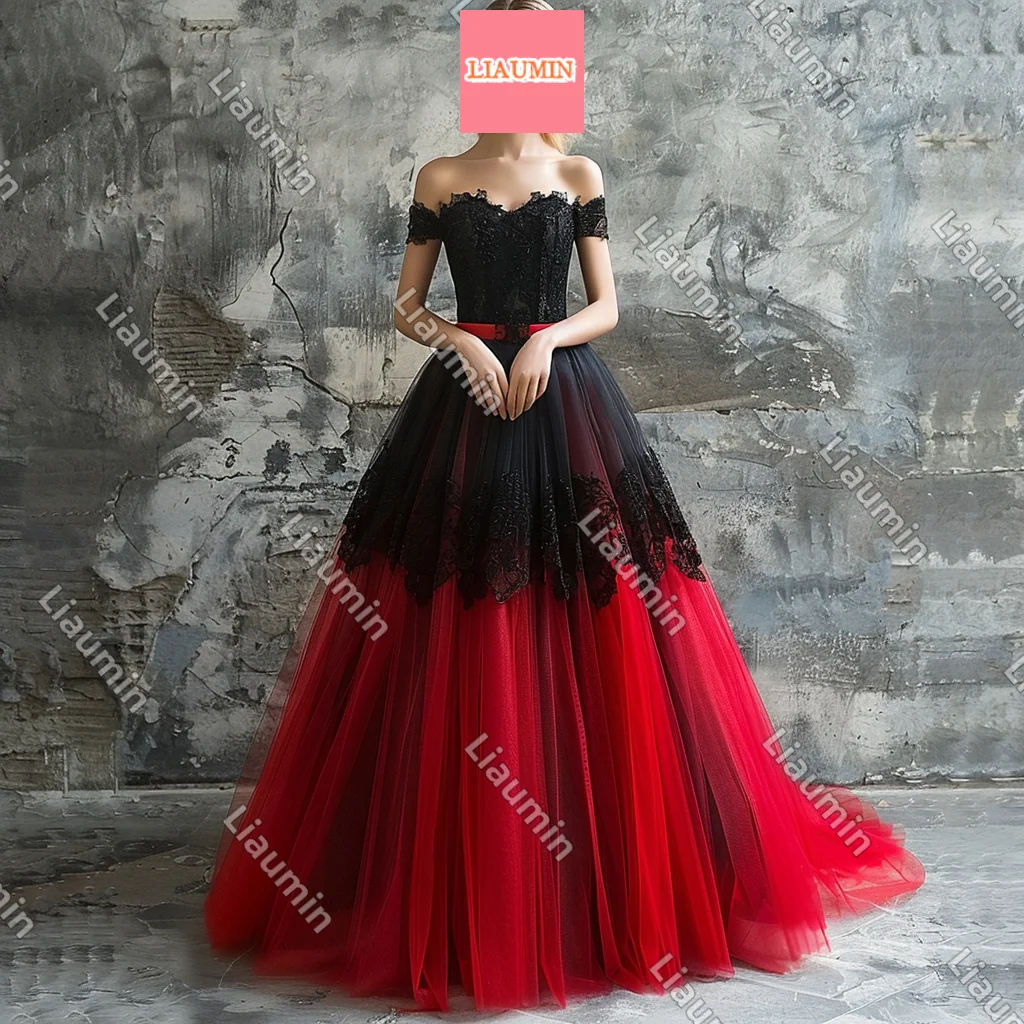 Customized Made Red Tulle Black Lace Applique Spaghetti Strap Lace Up Back Evening Prom Dresses Full Length Formal Skirt W17-2.3