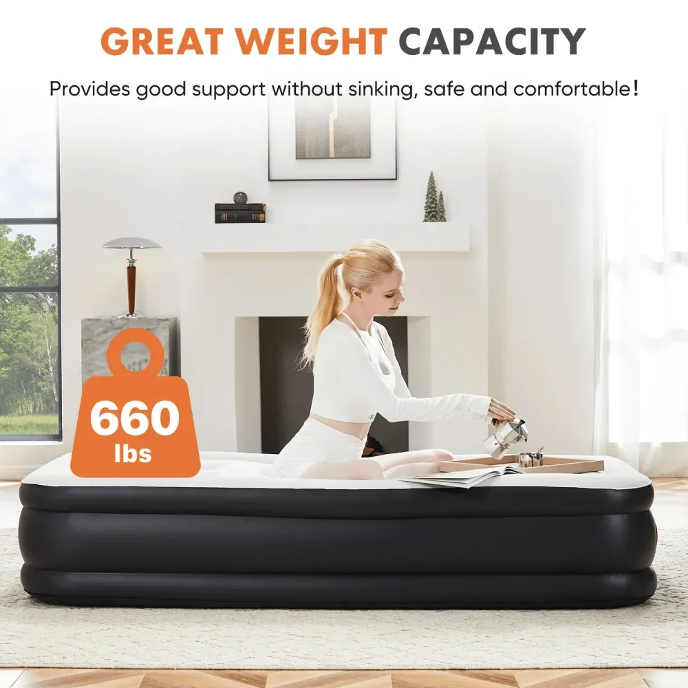 Mattress Inflatable Airbed With BuiltIn HighCapacity Pump, Double Height, NonSlip Bottom, Supports  To 660 Lbs 3 Heights 2 Si