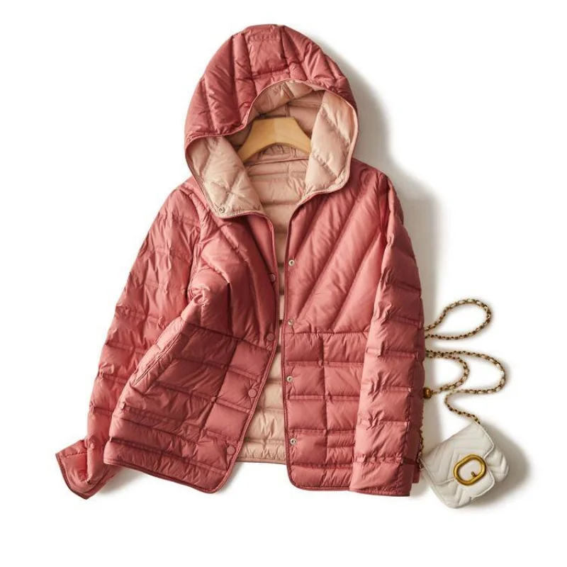 Two-Sided Winter Women Single Breasted Warm Hooded Down Jacket Parkas Light Thin White Duck Down Coat Lady Short Puffer Outwears