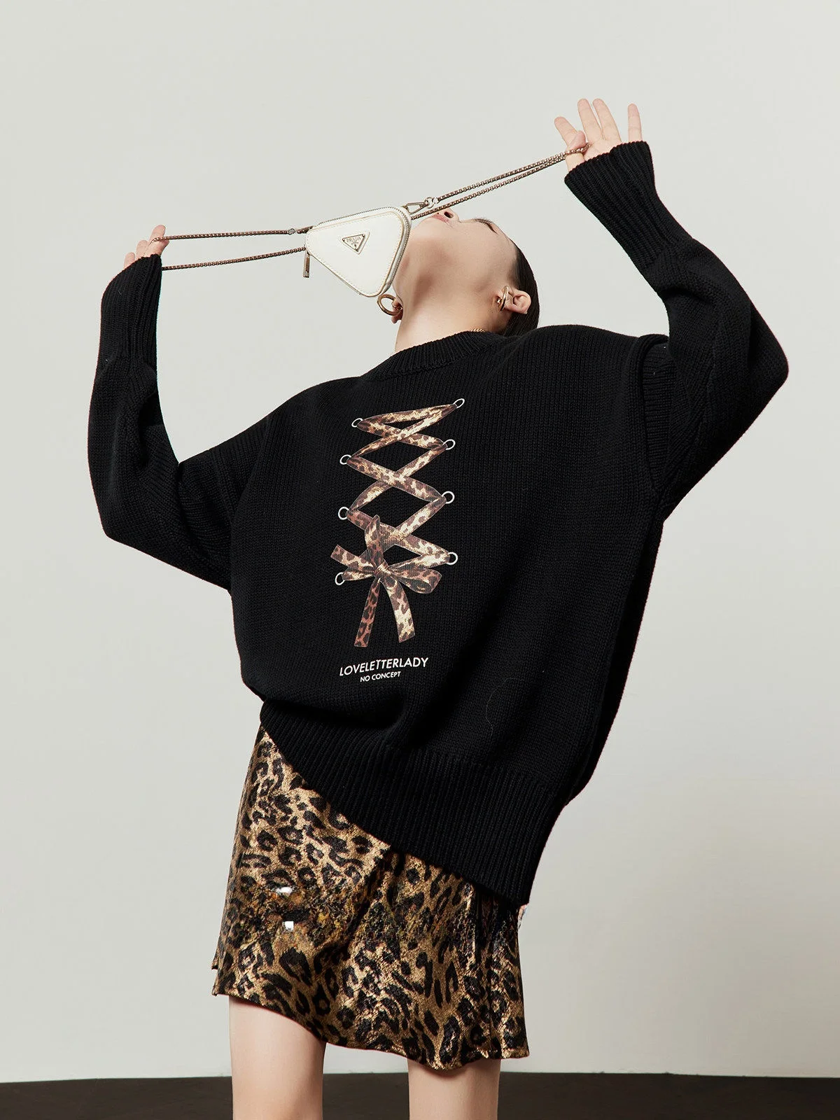 

Bla Leopard Print Silk Ribbon Loose Casual Knitted Top Women's Faion Spring New Sle Zhou Li Wu Brand Long Sve Sweater