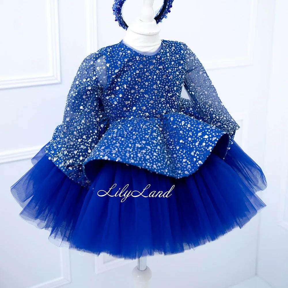 

Electric Blue Long Sleeves Sequin Tutu Birthday Baby Dresses, Flower Girl Toddler Pageant Peplum Prom Gown for Special Occasion