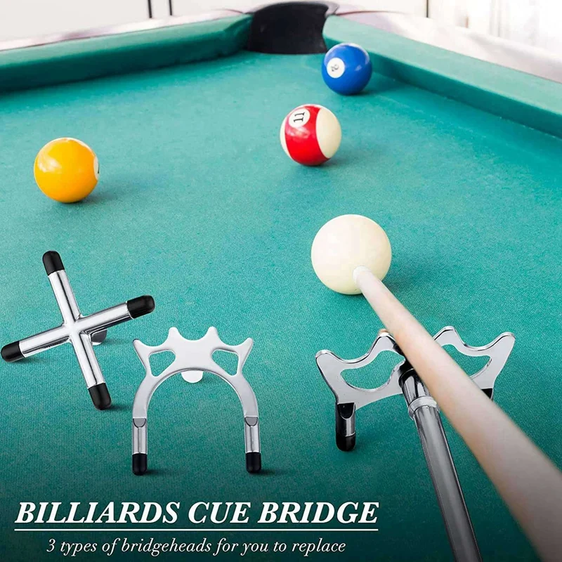 Retractable Billiard Cue Stick Bridge With 6Pcs Removable Brass Bridge Head Billiard Table Pool Cue Accessories,Silver