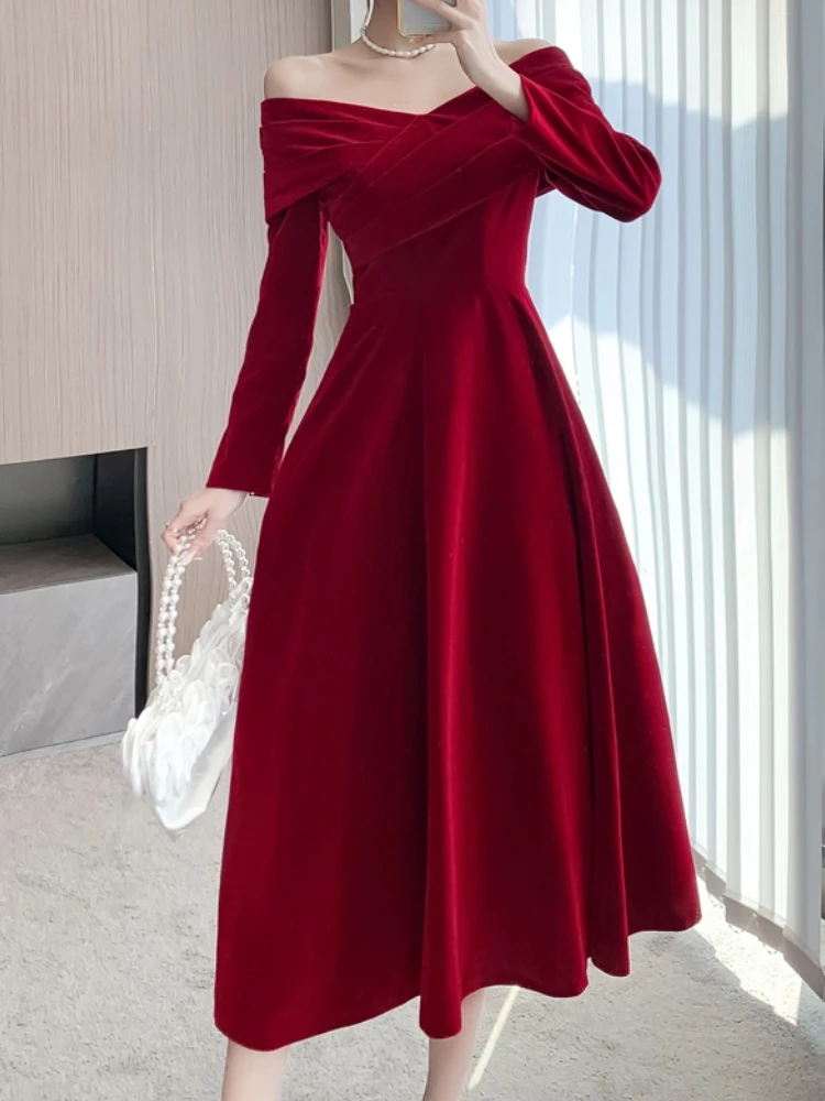 Elegant Women Casual A-Line Party Red Dress Long Sleeve Vintage Chic Prom Birthday Dresses Female Fashion Robe Vestidos Spring