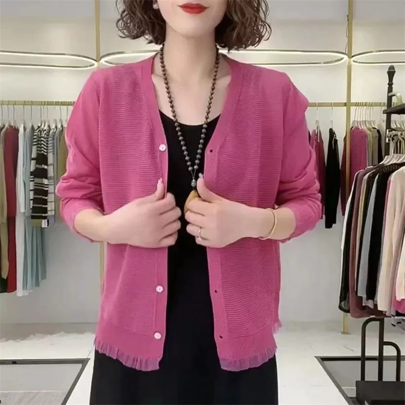 2024 Summer Thin Cool Coat Silk Small Batch Shoulder Air Conditioning Sunscreen Fashion Solid Color Knit Cardigan Loose Top