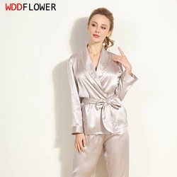 Women's 100% Pure Silk 16 momme satin silk  Pajama Set With Belt Sleepwear Nightgown M L XL YM008