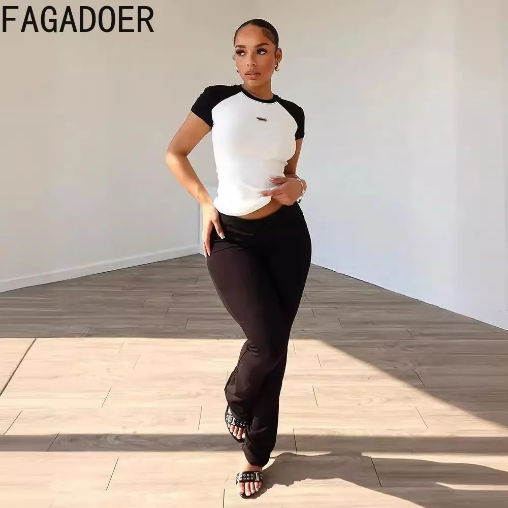 FAGADOER Casual Patchwork 2 Piece Sets Outfit Women Contrast Color Short Sleeve Crop Tops And Skinny Pants Tracksuits Clothing