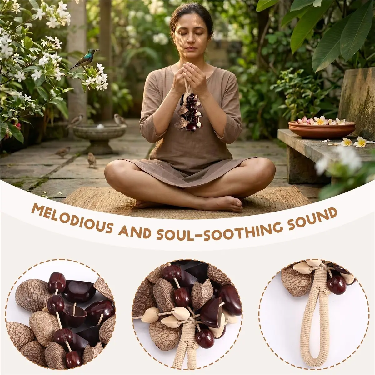 giftnew Seed Shell Shaker 42 Natural Nut Shells Hand Percussion Sound Healing Instrument for Meditation ASMR Sound Therapy Yoga