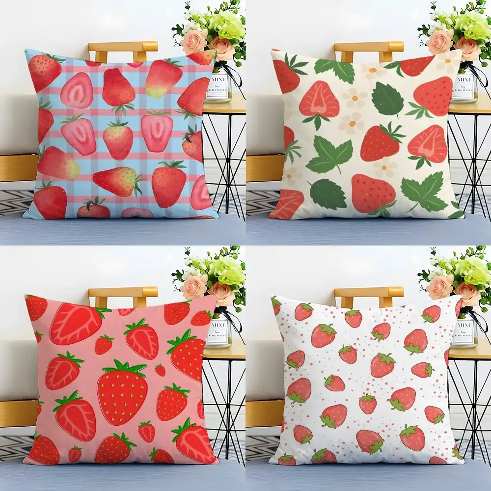Simple Casual Hand-Painted Strawberries Fruits Cushion Cover Linen Pillowcase Soft  for Sofa Bed Home Room Decor