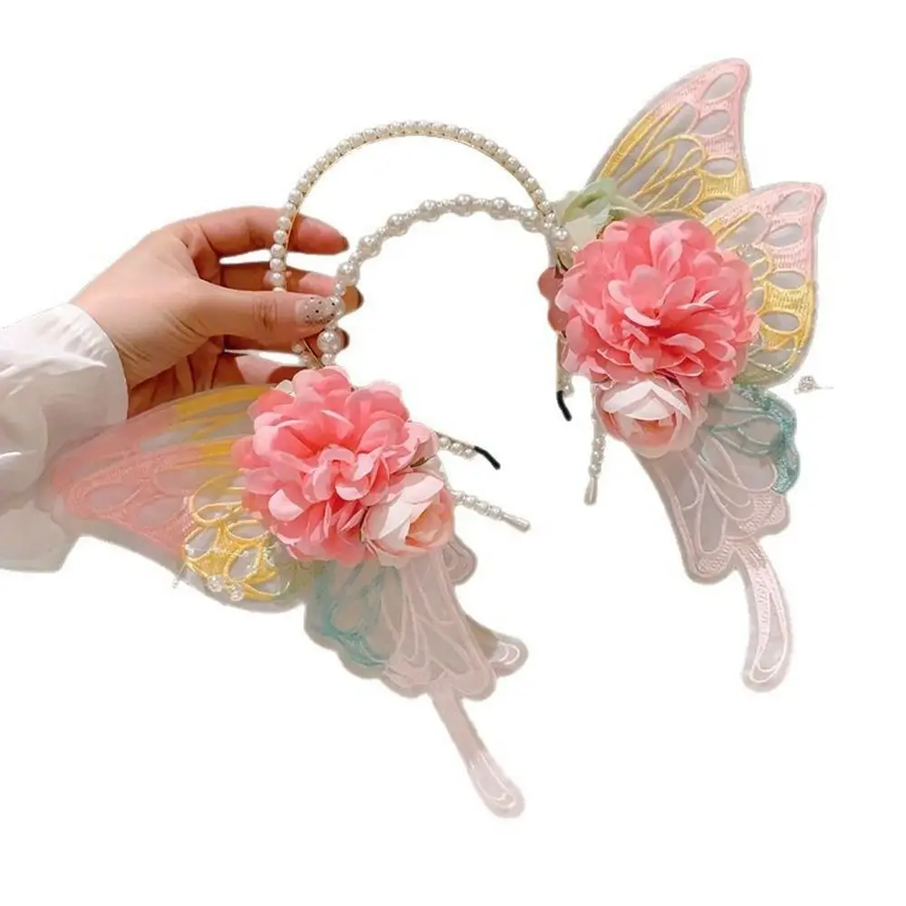 

Kawaii Mesh Elf Ear Butterfly Headband Lolita Pearl Flower Headband Hair Ornaments Headwear Princess Headband Party
