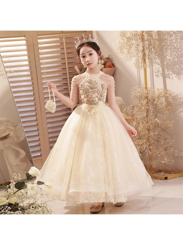 Girls' Host Dress Puffy Skirt Fashionable Catwalk Birthday Champagne Color Piano Performance Dress Princess Dress Evening Dress