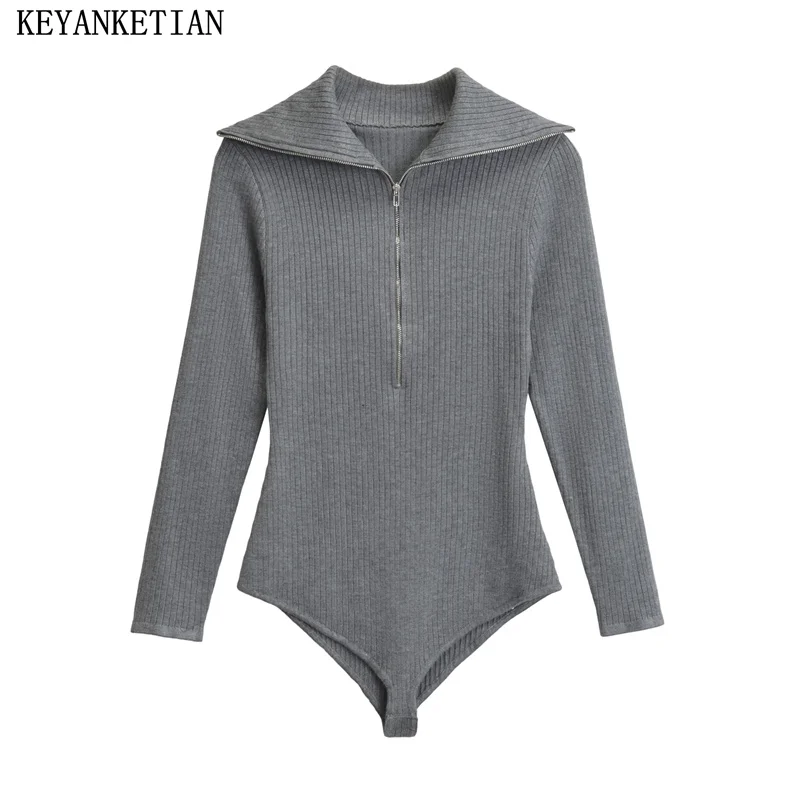 KEYANKETIAN 2024 New Launch Women\'s Zip Tight Jumpsuit American Retro Fashion Turn Down Collar Long Sleeve Knitted Top Bodysuits