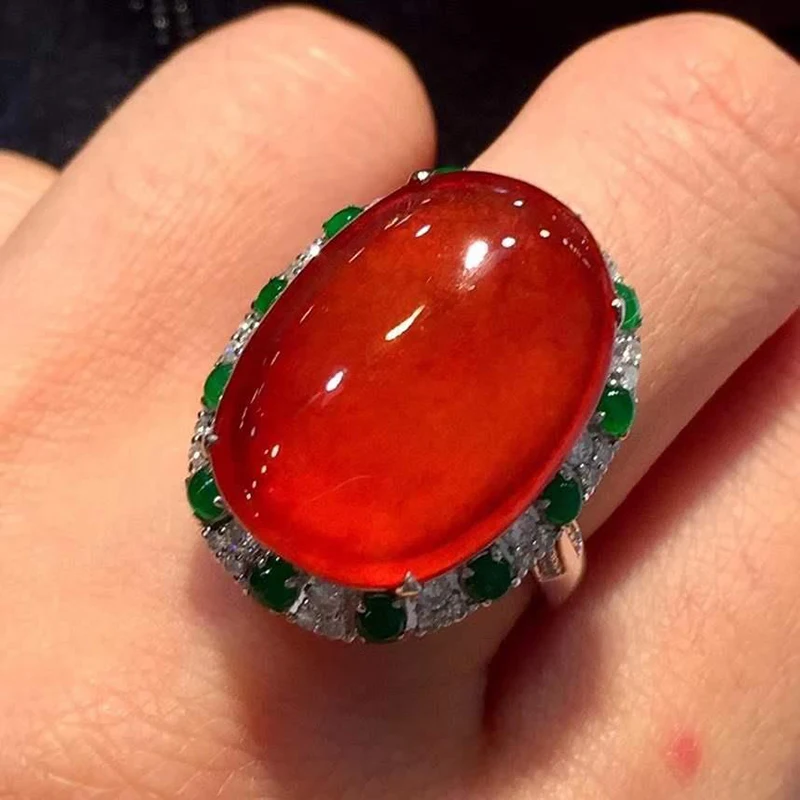 Natural chalcedony Positive red oval large egg face ring opening adjustable Chinese style peculiar retro ladies jewelry