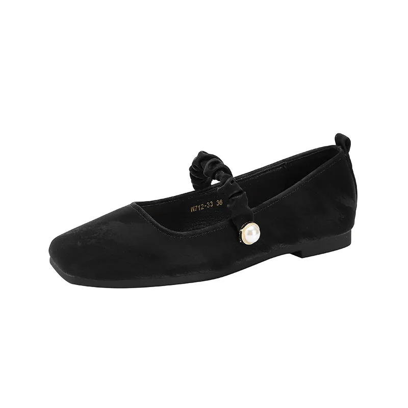 French New Style Sweet Mary Jane Flats Pearl Decorated Slip On Vulcanized Shoes for Women All Seasons