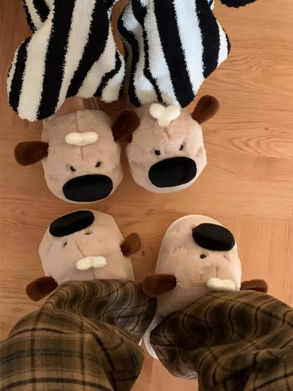 Funny Dog Couple Home Slippers Warm And Comfortable Soft Soled Fur Shoes Cute Big Nose Dog Cotton Slippers For Men