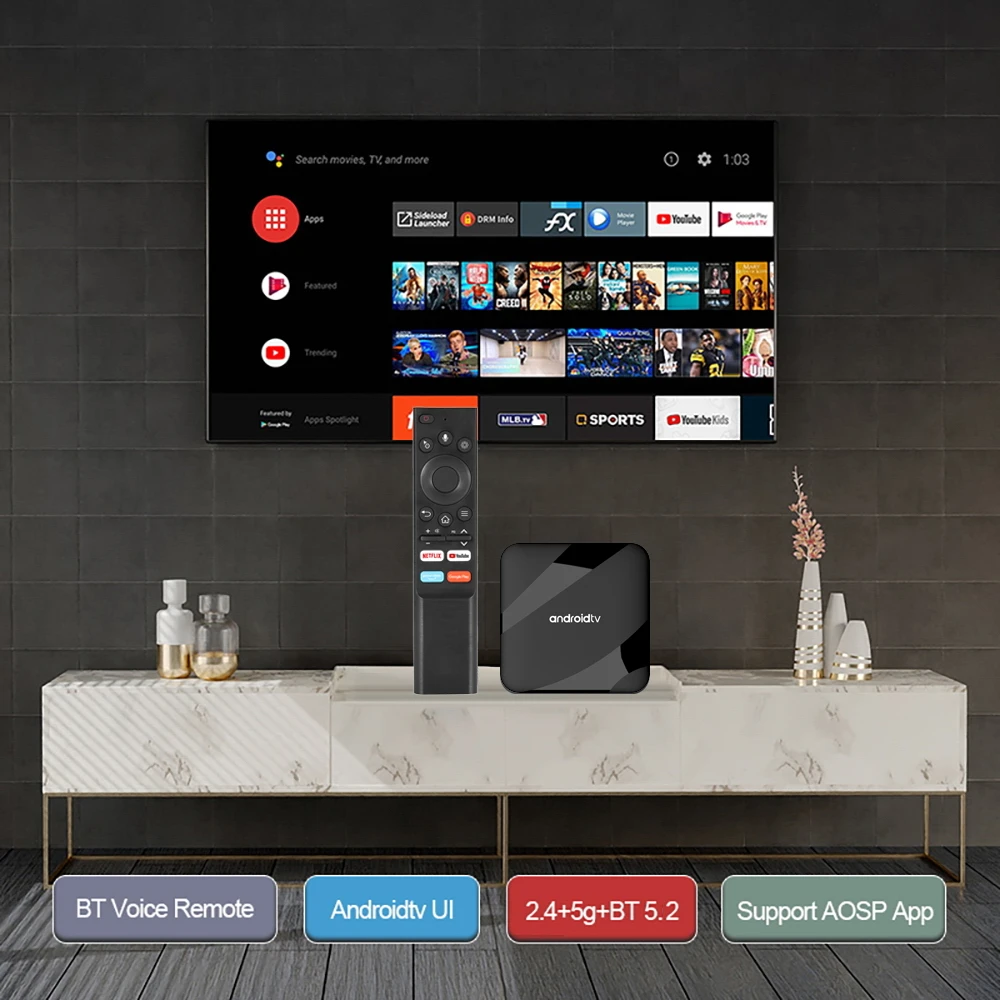 Boîtier TV RL Android 14, Bluetooth 5.2, 4 Go/64 Go, AV1, S905W2, 8K/4K, lecteur multimédia décodeur connecté, avec WiFi, 2.4/5 GHz, pour les