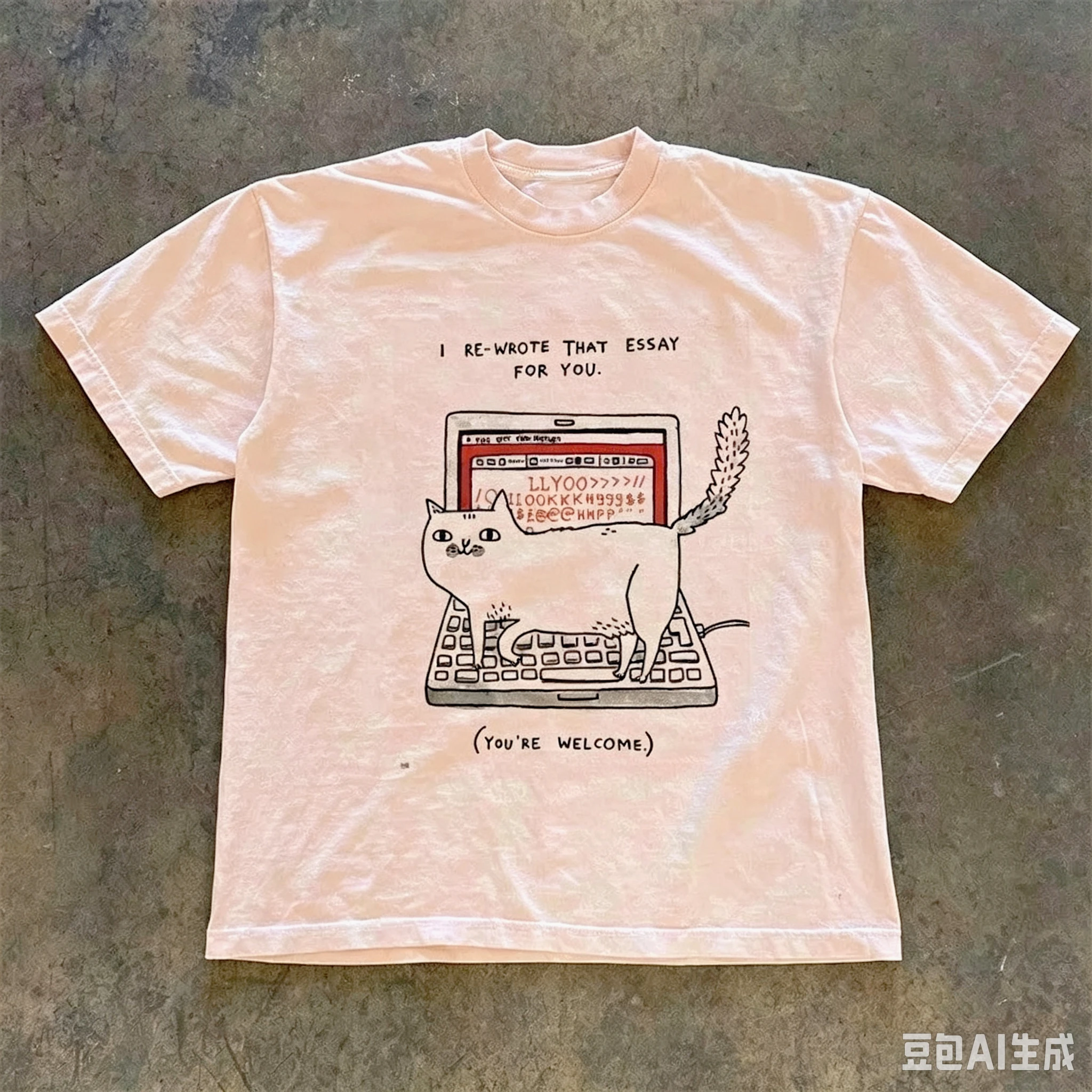 2026 Funny Cat Laptop Hand-drawn Print Short Sleeve Tee Loose Fit Casual Humor Pet Top Wear For Student Daily Outfits