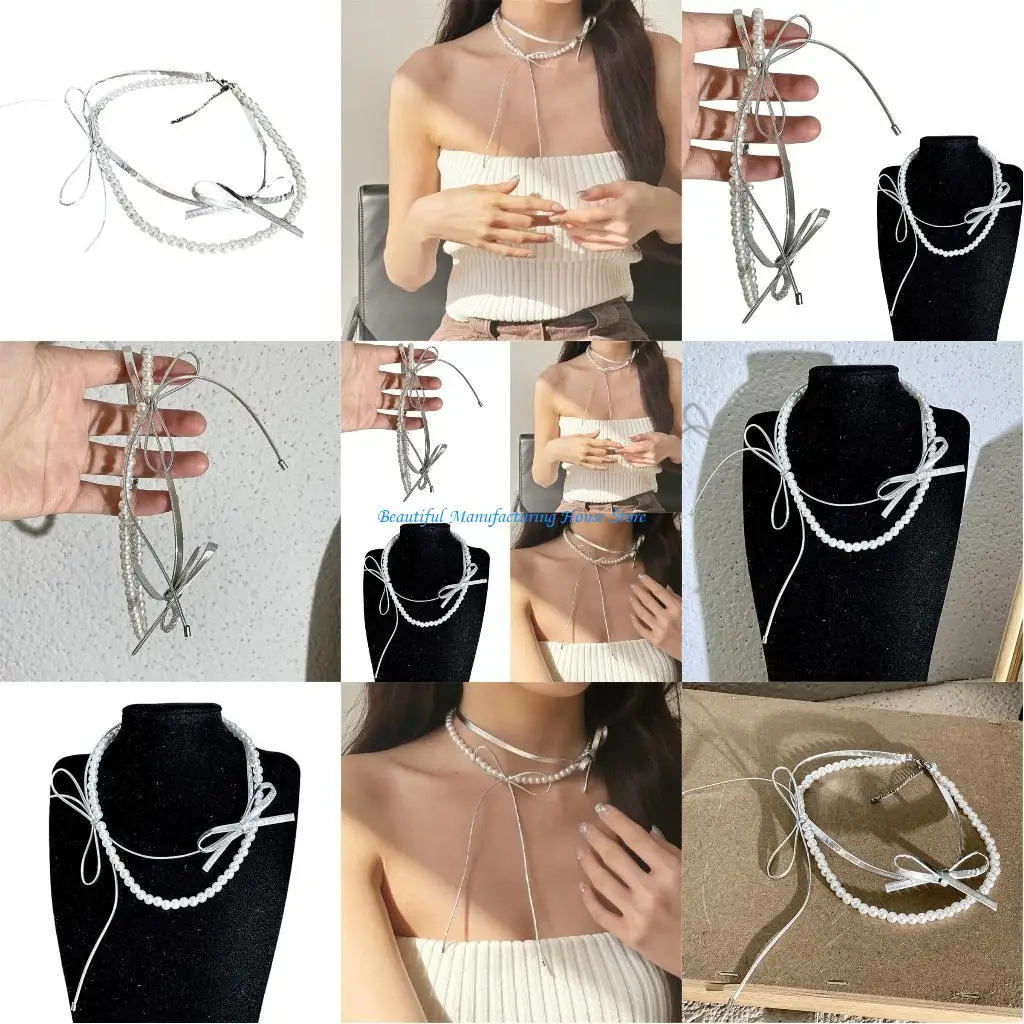 E56A Stylish Double layer Bowknot Pendant Necklace Dainty Pearls Stackable Neck Chain