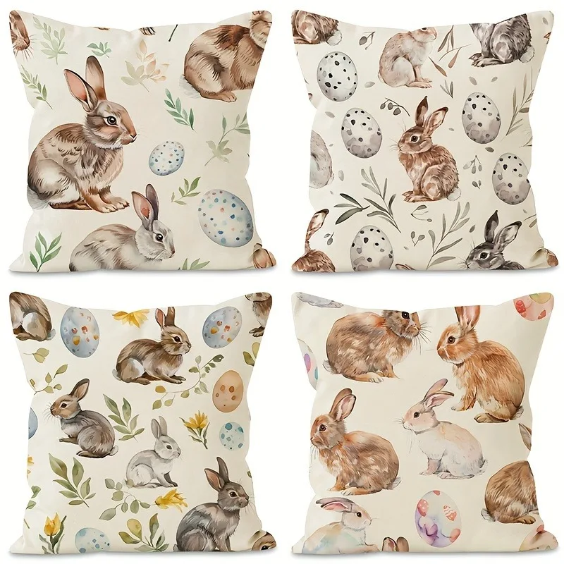 Happy Easter Pillow Cover Home Farmhouse Holiday Celebration Decoration Rabbit and Egg Pattern Printing Sofa Chair Cushion Cover