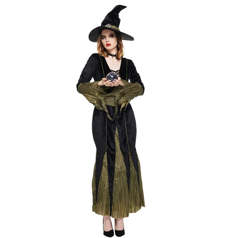 Costume de luxe de sorcière pour adulte, avec chapeau, pour Halloween, tenue de carnaval confortable