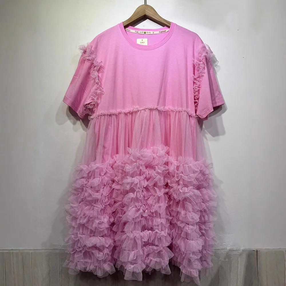 ผู้หญิงตาข่าย Spliced Ruffles ยาวเสื้อยืดกระโปรงปุยหลวมจีบ Tees ชุดแขนสั้นเส้นด้ายสุทธิ Ruched Tops Vestidos