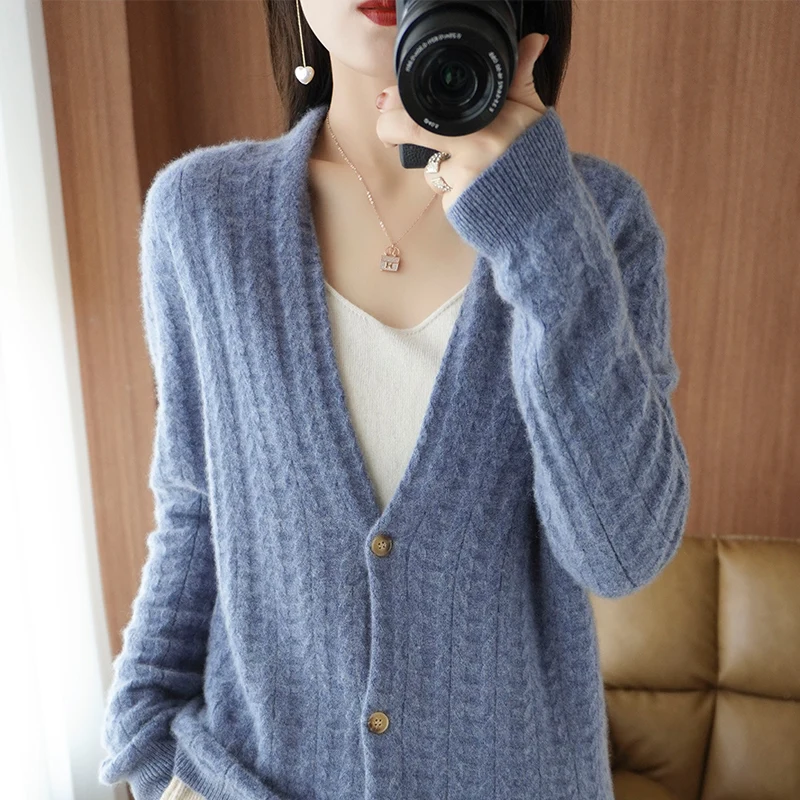 

Женский утепленный кардиган с v-образным вырезом, пальто из 100% мериносовой шерсти, свитер, повседневный вязаный топ, осенне-зимняя одежда, теплая верхняя одежда
