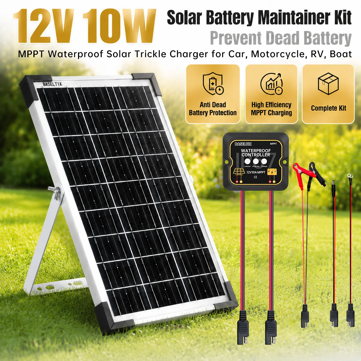 12V 10W Solar Battery Maintainer Kit with MPPT Controller Waterproof Solar Trickle Charging Panel for Car Motorcycle RV Boat ATV Tractor Lawn Mower