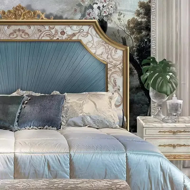 French Shell Parquet Double Bed European Style Villa Master Bedroom Queen Size Solid Wood Frame Fabric Upholstered Princess