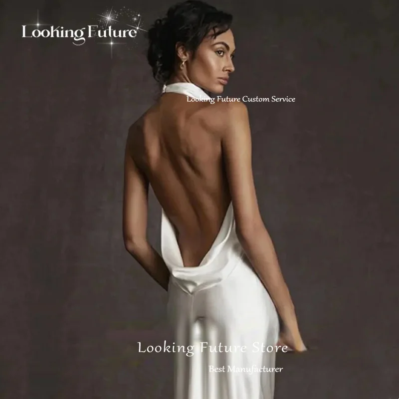 Aangepaste eenvoudige zeemeermin witte trouwjurk sexy backless bruids halter mouwloze jurk vestido elegante vloerlengte 2025