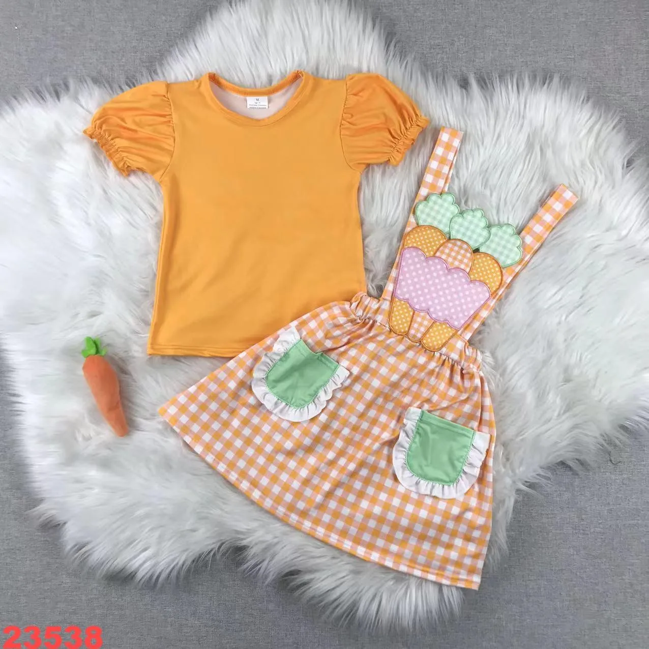 

Easter Carrot Embroidered Pocket Bubble Sleeve Yellow Check Jumper Dress Set for Baby Girl
