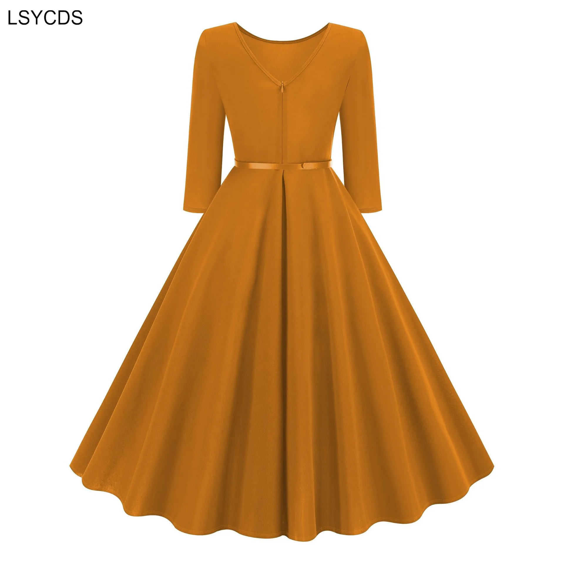 LSYCDS O-Neck Solid 1950s Style Plain Vintage Woman Dress 3/4 Length Sleeve Autumn Winter Women Belted Swing Party Dresses 2025