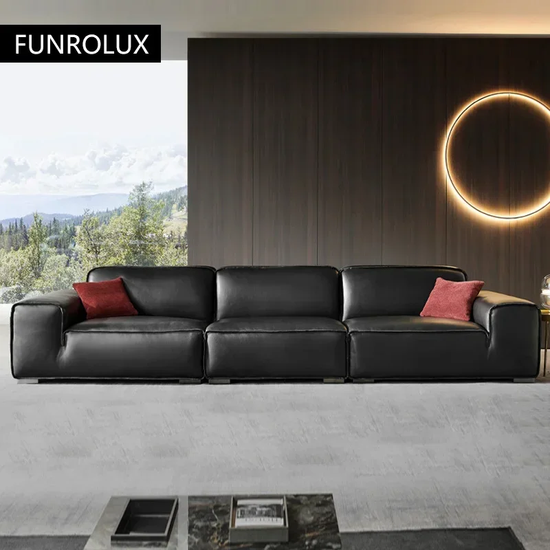 Big Black Cow Leather Sofa Office Commercial Sofa Large Flat Villa First Layer Cowhide Inline Sofa Home