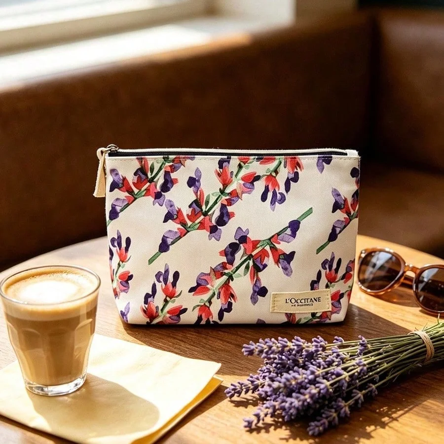 L'Occitane Watercolor Lavender Floral Canvas Zipper Cosmetic Pouch, Portable Travel Organizer for Vacation Daily Holiday Gift
