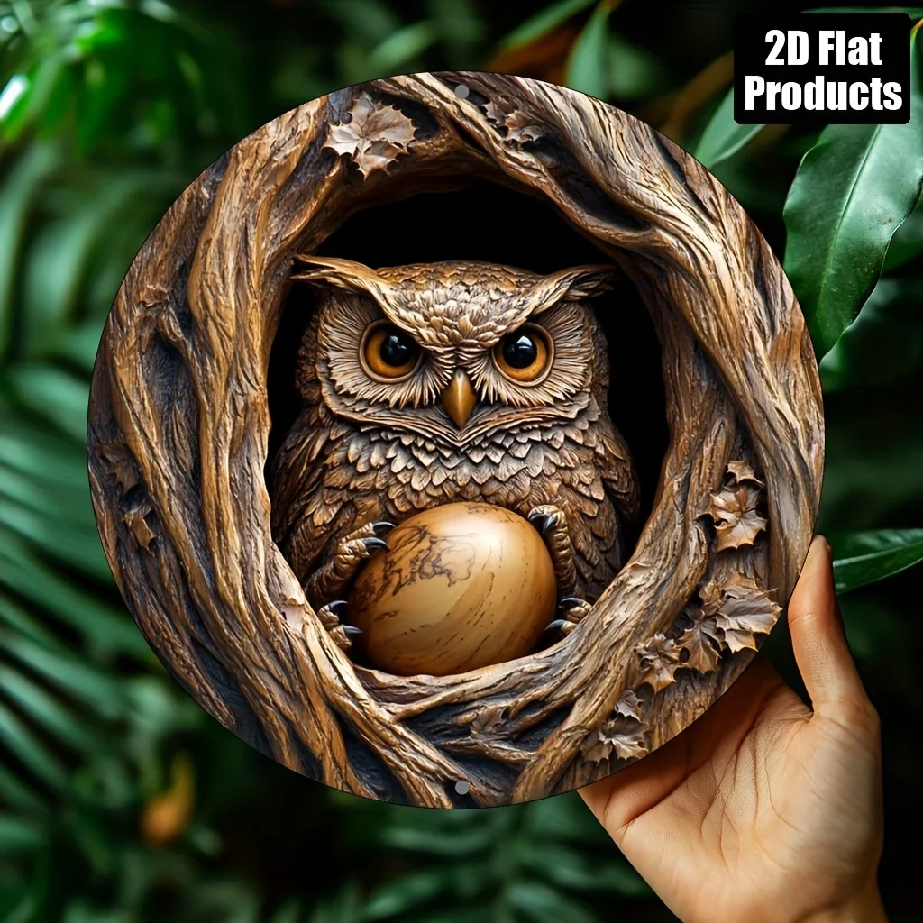 2D Flat - [Home Decoration] Vintage Owl Nestled in Tree Bark Round Aluminum Wall Sign - 8.0X8.0 inch, Rustic Home Decor with Rea