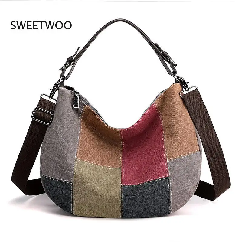 2026 New Womens Vintage Patchwork Hobo Bag Canvas Large Capacity Shoulder Crossbody Handbag for Daily Commute
