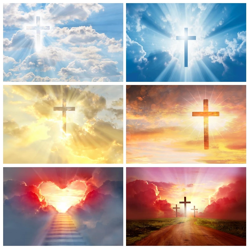 

Christian Cross Backdrop Holy Lights Heaven Sky Clouds Lord Pray Resurrection of Jesus Easter Background Photo Studio Props