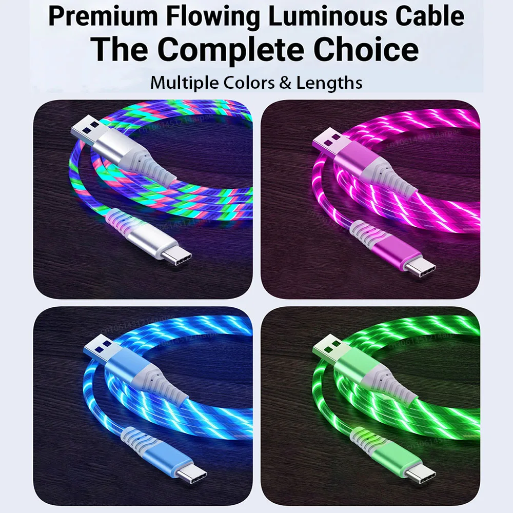 100W Flow Luminous USB Type C Cable 5A Fast Charging Data Cord for Samsung Xiaomi OPPO iPhone Charger Micro USB Wire LED Cable