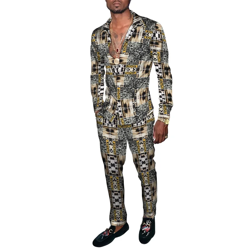 Moda estate uomo abbigliamento sportivo Casual Leopard floral 3D Print camicia a maniche lunghe con risvolto da uomo pantaloni lunghi due pezzi set