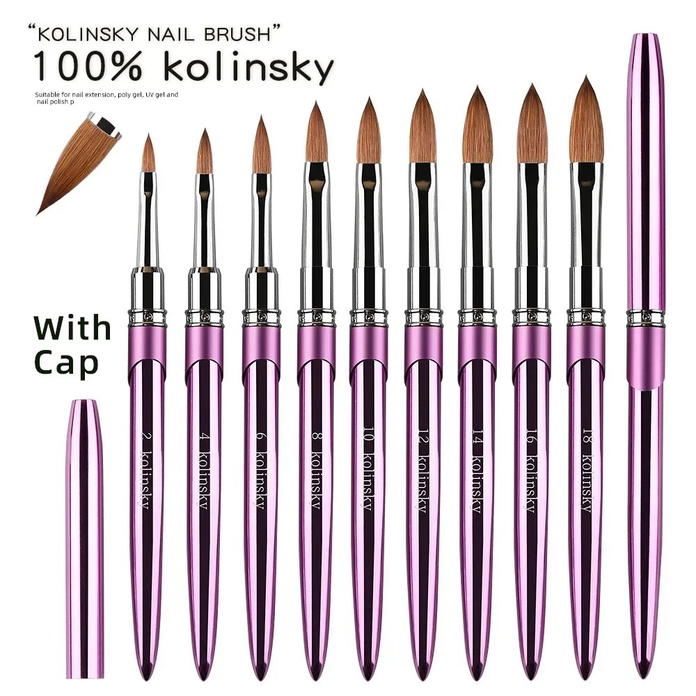 Pędzel do paznokci akrylowych 100% Kolinsky, 1 szt., fioletowy, z metalową rączką, pędzel do rysowania do pudru akrylowego, rozmiar 2-18