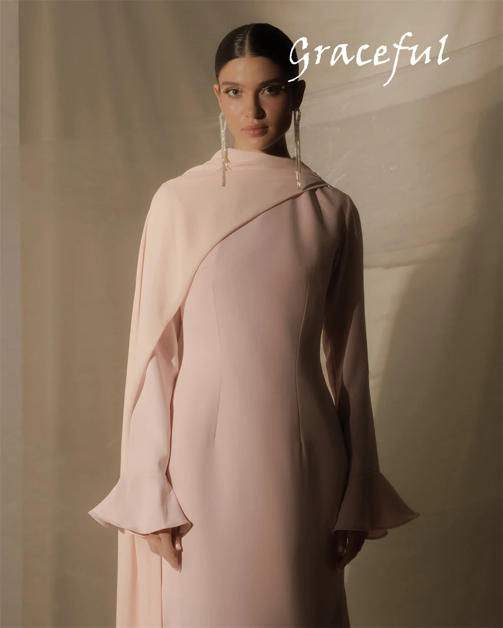 Customized  Simple Pink Jersey Evening Dress Temperament Crew Neck Long Sleeves Party Dress Modern Ankle Length Celebri image 6