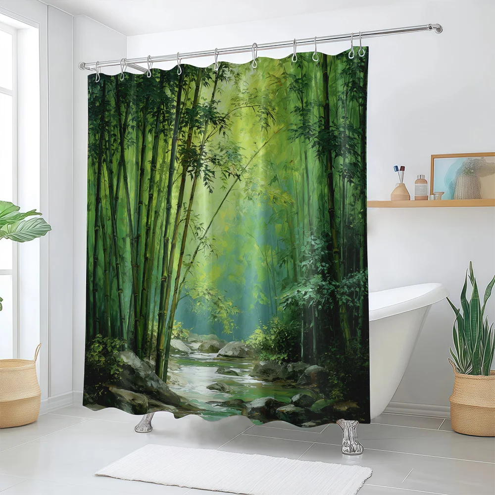 1pc - Forest And Stream Pattern Printed Shower Curtain, Natural And Fresh Home Decor Bathroom Curtain, with 12 Hooks, Suitable f