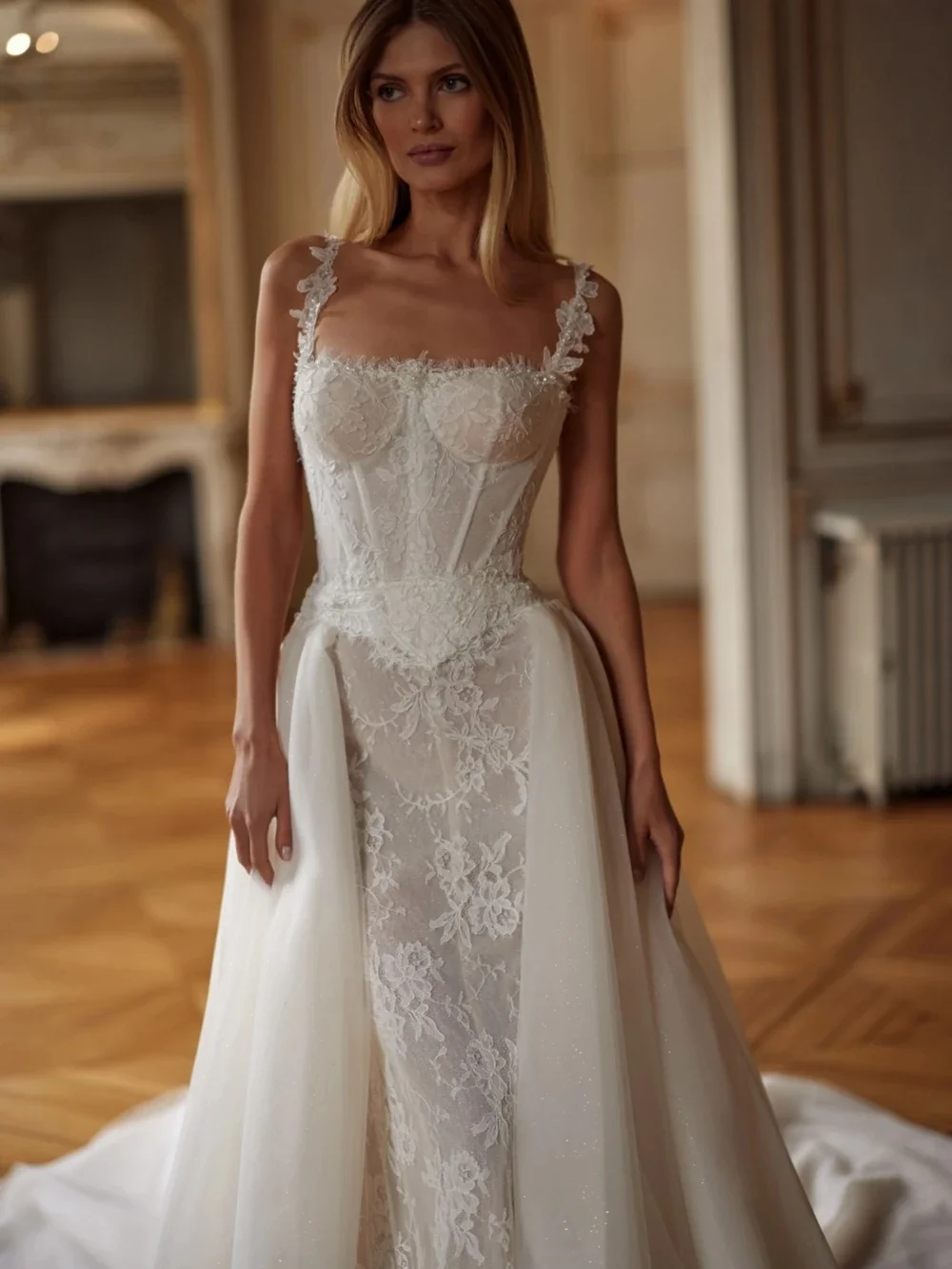Glitter Lace Mermaid Wedding Dress with Detachable Train, Classic Square Neck Illusion Church Bridal Gown, Customizable.