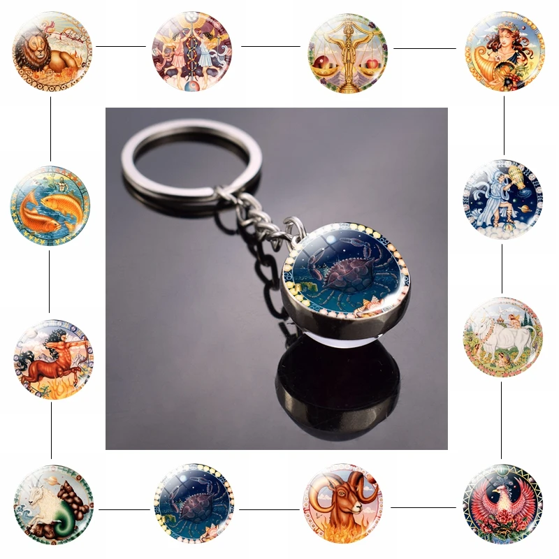 12 Constellation Crystal Ball Key Chain Signs of Zodiac Glass Key Ring Cancer Metal Keychain Pendant Astrology Jewelry Birthday