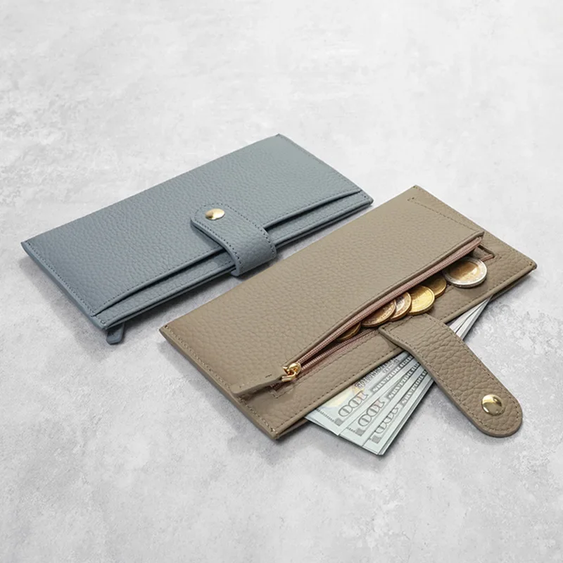 New Women's Top Grain Cowhide Wallet 6 Card Slots Ultra-Slim Long Bifold with External Zippered Coin Pocket
