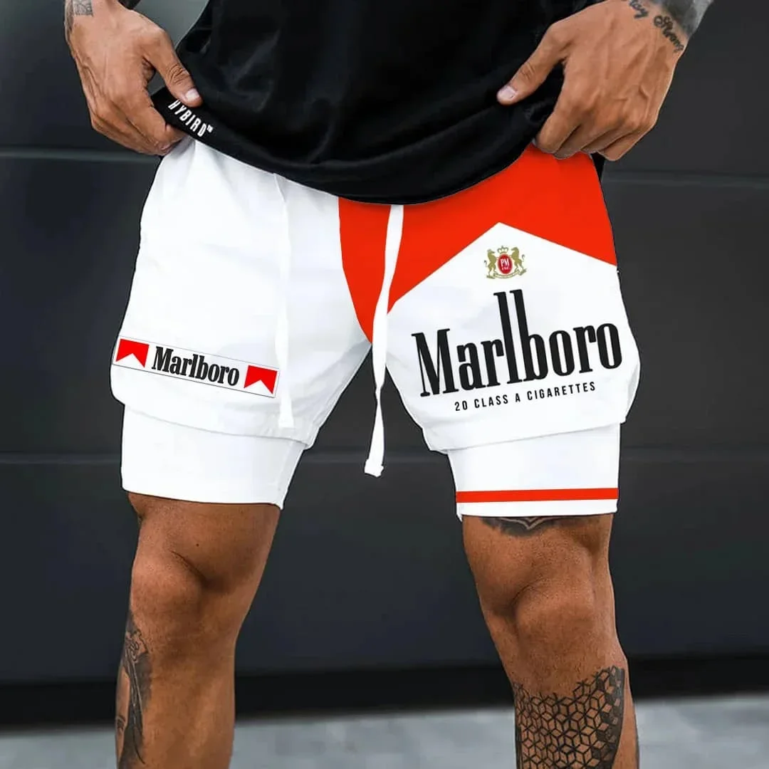 

2025 New Summer Men's Quick-drying Fake Two-piece Shorts Men's Marlbor 3D Printed Double-layer Sports Shorts Running Shorts Moto