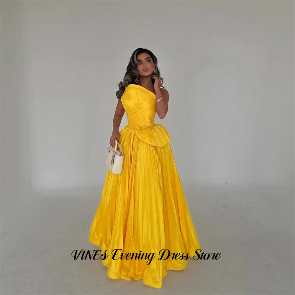 

VINES Golden Yellow Evening Dress Asymmetrical Neck Party Dress Voluminous A Line vestidos de fiesta Satin Prom Gowns Customized